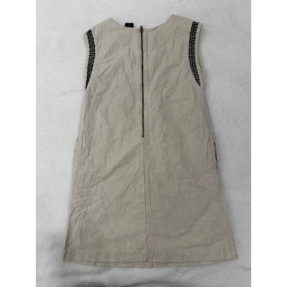 GapKids Girls M 8 Linen Blend Embroidered Shift Dress Oatmeal Black Boho Pockets